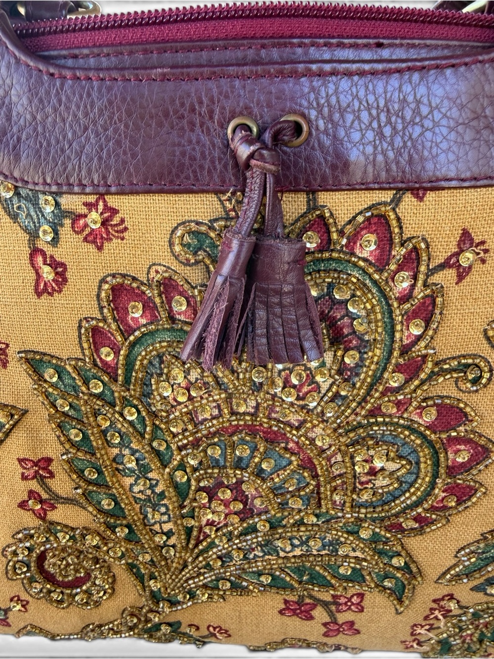 Rare Vtg Isabella Fiore Large Beaded Sequin Mustard Paisley Tote - Picture 4 of 14